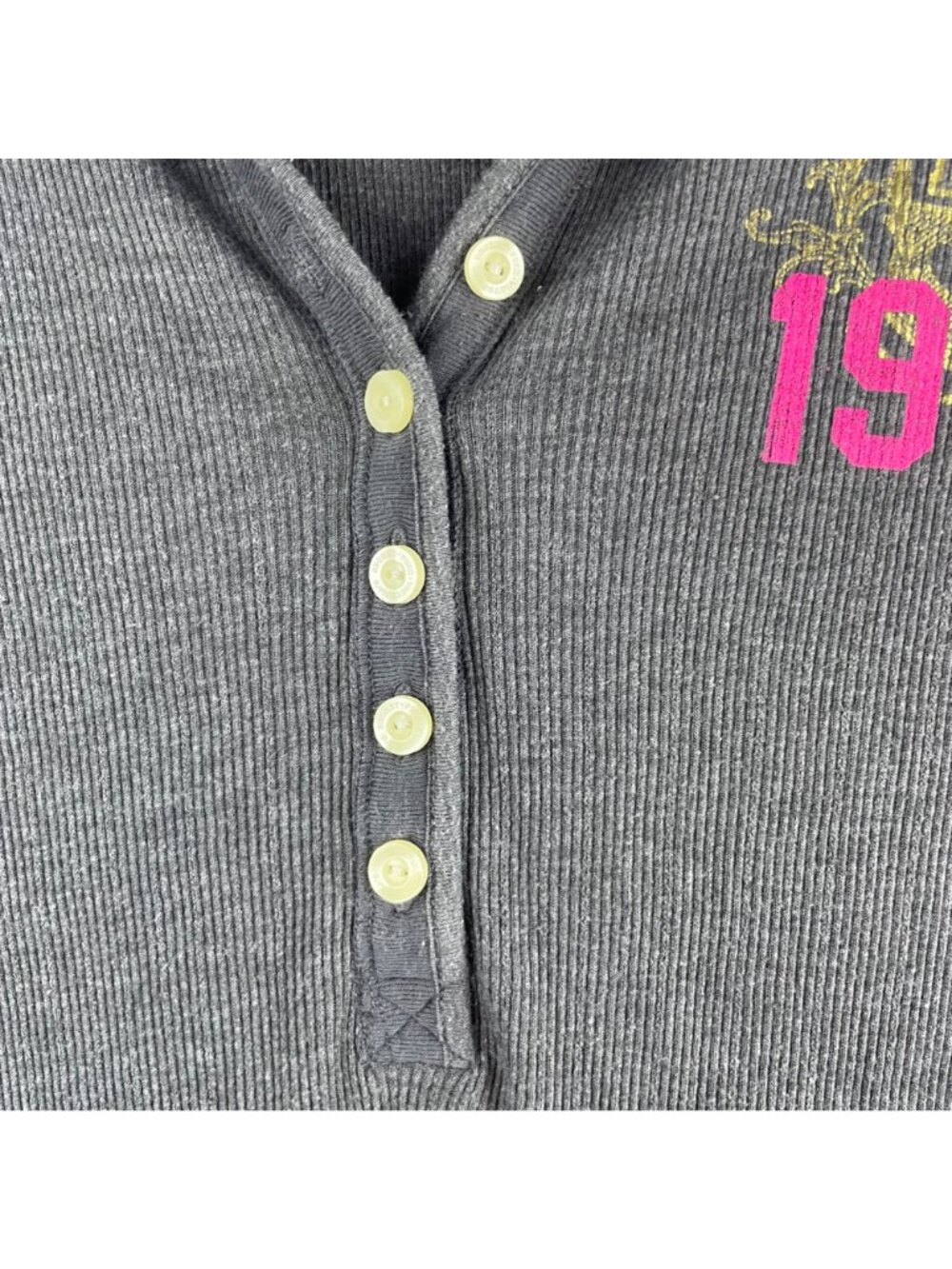 Victorias Secret Pink Y2K Ribbed Henley Hoodie Graphic 1986 Pullover Medium - Picture 6 of 11